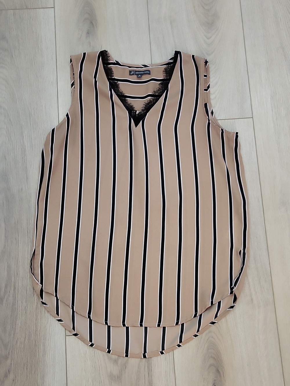 Adrianna Papell Beige and Black Vertical Stripe Lace-Trim Sleeveless Camisole